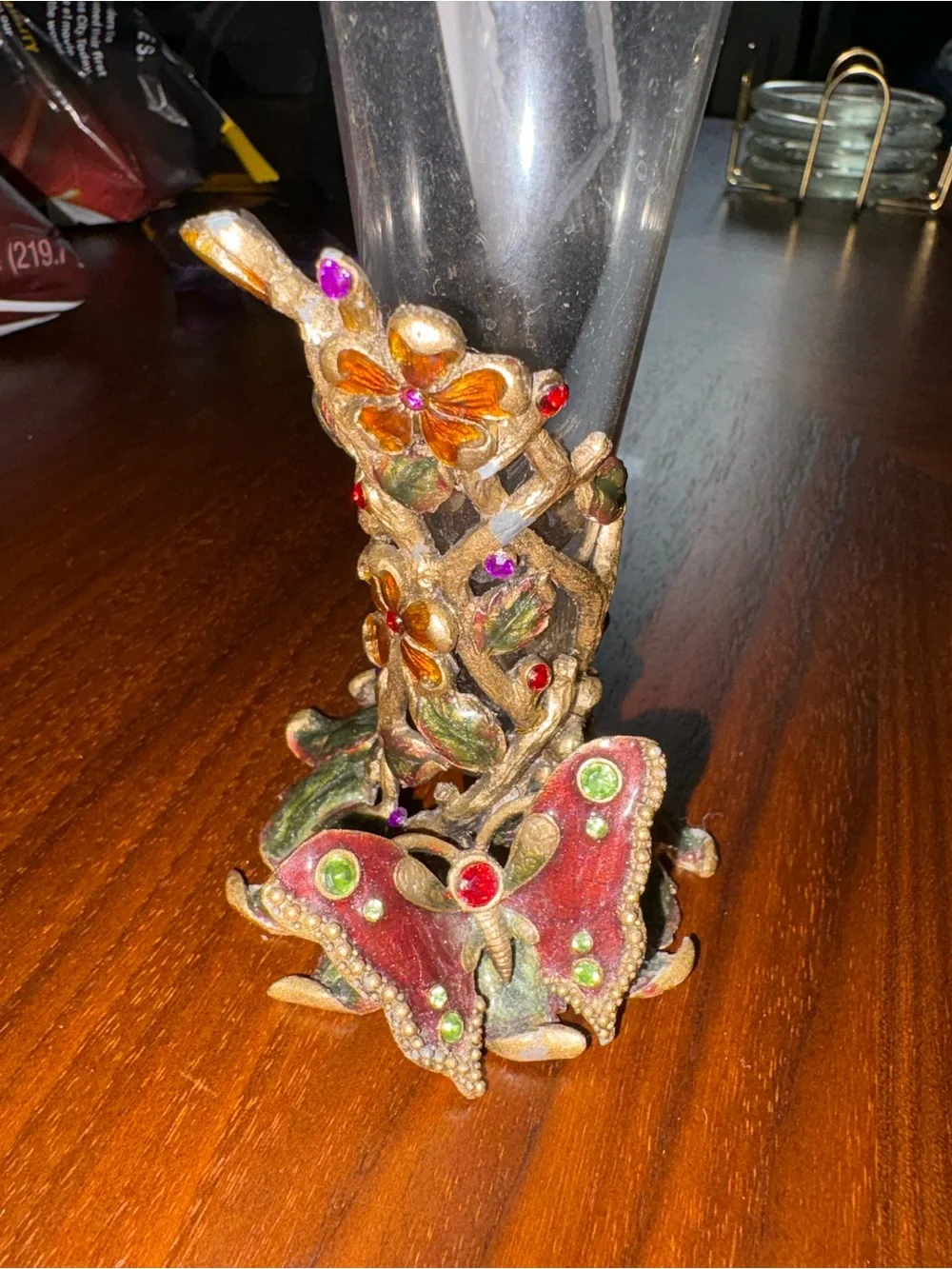 Kirks Folly Clear Glass Bud Vase with Gold Floral Jeweled Base